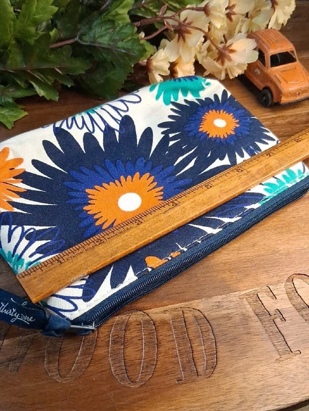 thirty-one Floral Canvas Zipper Pouch in Navy, Teal & Orange